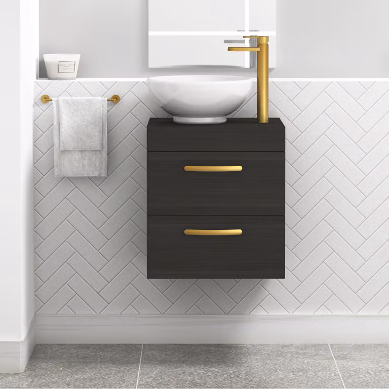 Royal Bathrooms Hale 500mm Wall Hung 2 Drawer Vanity Unit in Black with Breeze Countertop Basin and Brushed Brass Handle