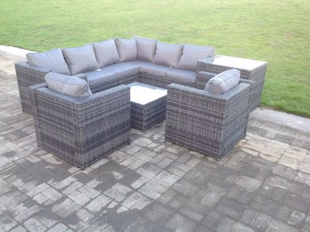 Fimous Rattan Corner Sofa Set Garden Furniture with 2 Chairs, Coffee Table and Side Table in Dark Grey