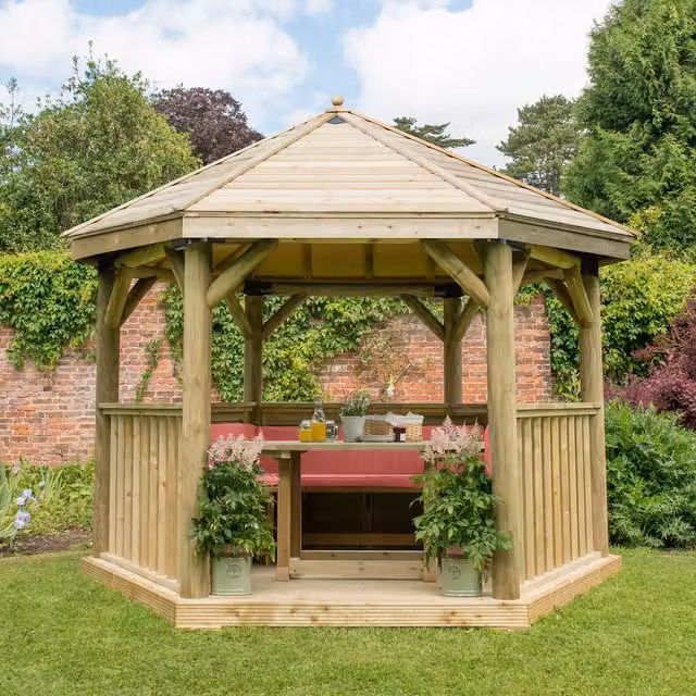 Forest Hexagonal Garden Gazebo in Red with Pine and Cedar Wood and Metal Construction, 3.6 m