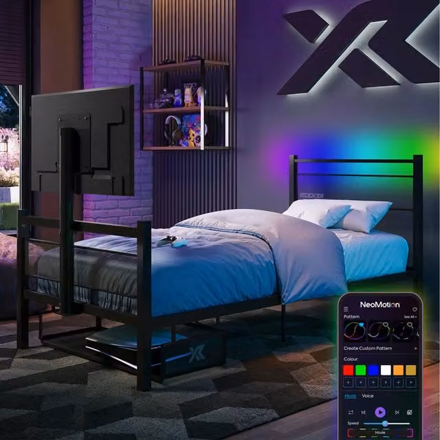 X Rocker Basecamp RGB Single Gaming TV Bed with App Controlled LED Lights, Black, 90 x 200 cm