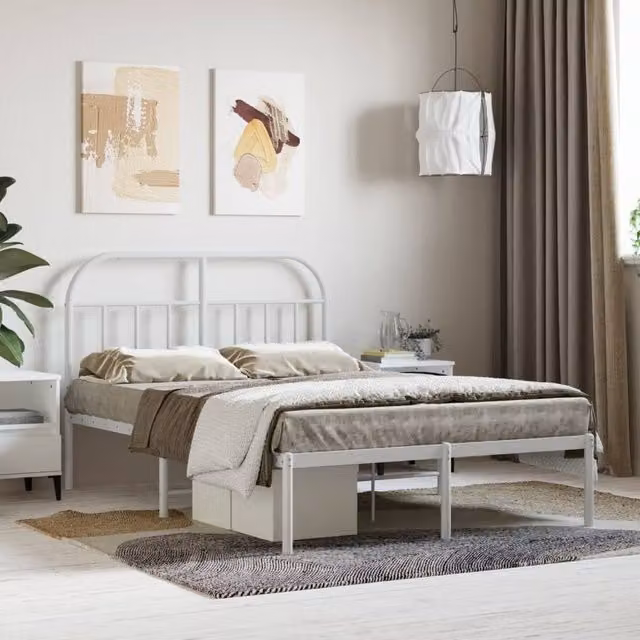 Berkfield Home Metal Bed Frame with Headboard in White, W/D/H: 120 x 190 cm