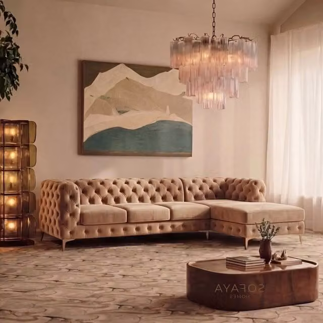 Sofaya Monaco Chesterfield 4 Seater L-Shaped Sofa in Light Brown Velvet with Right Hand Chaise – 1