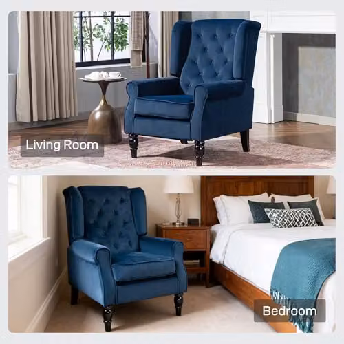 HOMCOM Retro Wingback Accent Chair in Blue Velvet with Solid Wood Frame, W/D/H: 74.0 x 102.0 x 86.0 cm – 5