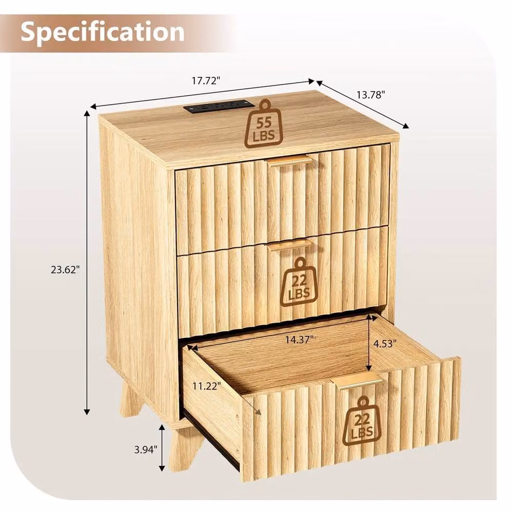 FORGEVIO Modern 3 Drawer Bedside Table with Power Supply in Brown – 2