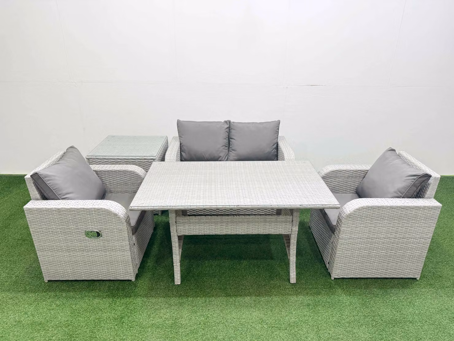 Fimous 4 Seater Light Grey PE Wicker Rattan Garden Furniture Set with Rectangular Glass Top Dining Table, Reclining Chairs and Side Table