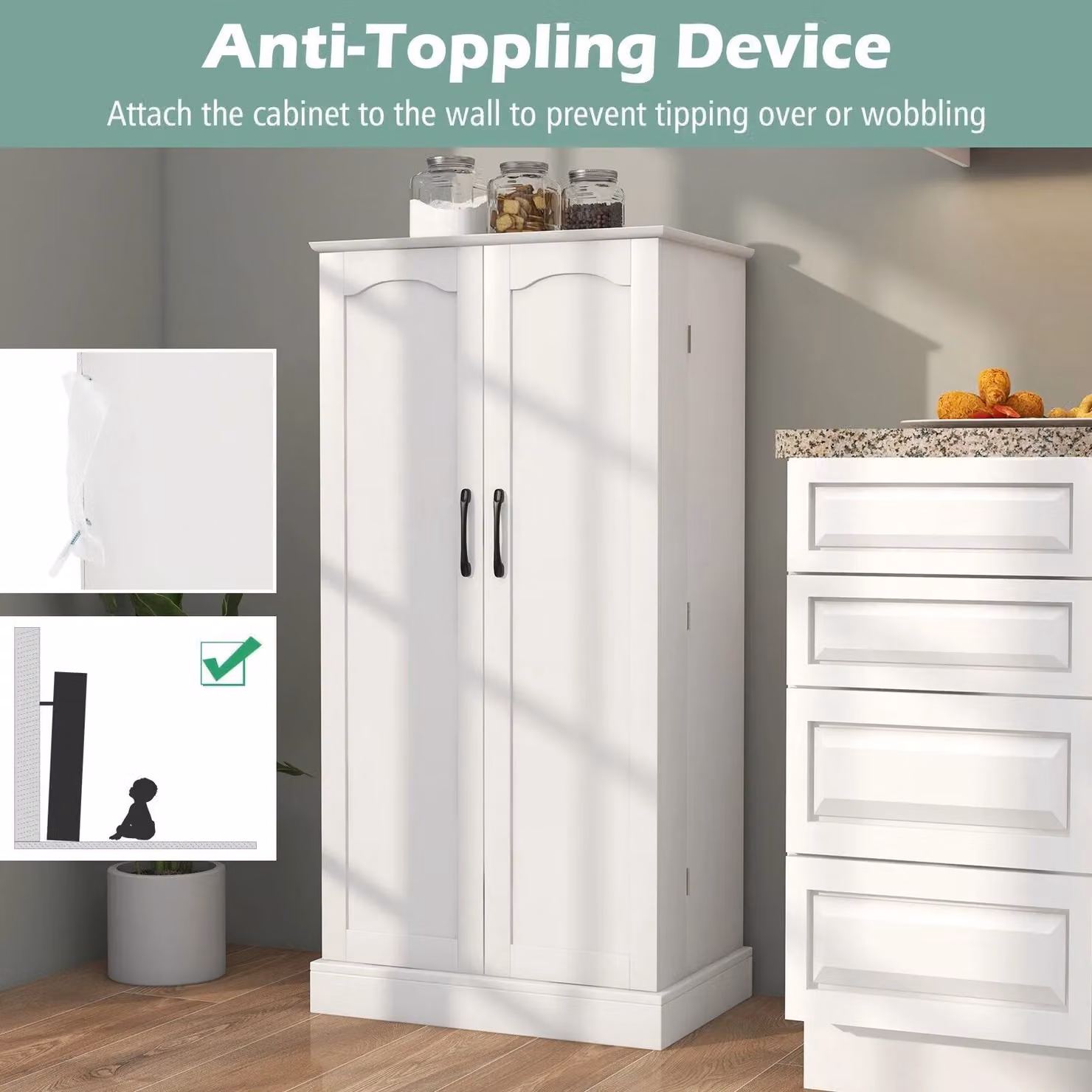 Gymax White Minimalist Kitchen Pantry Cabinet with Adjustable Internal Shelves and Two Hinged Doors – 3