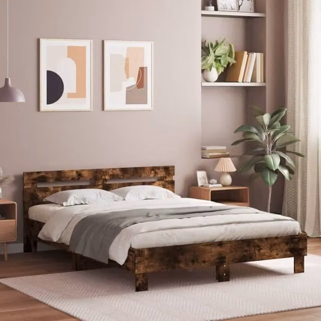 Berkfield Home Smoked Oak Bed Frame in Brown, W: 140 cm, L: 200 cm