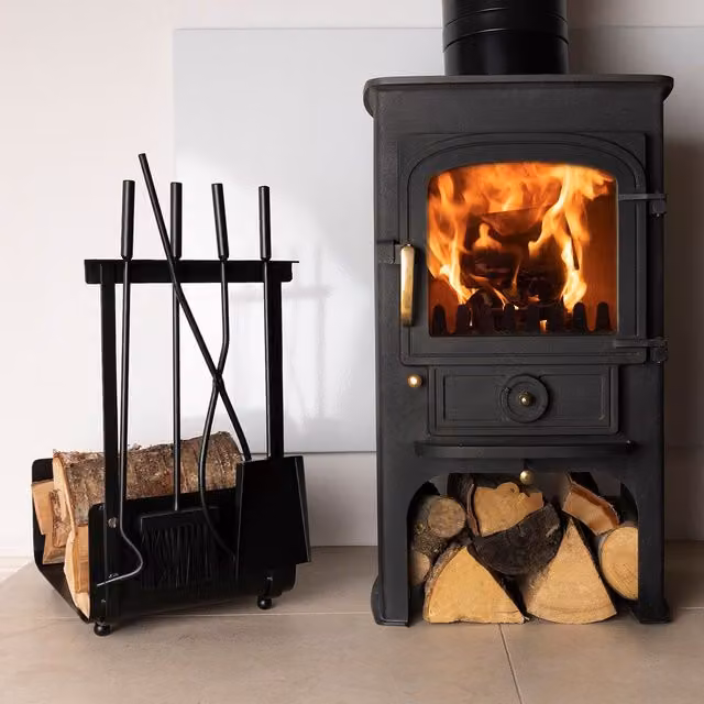 Charles Bentley Hazel Black Metal Log Holder and Freestanding Fireside Tool Set