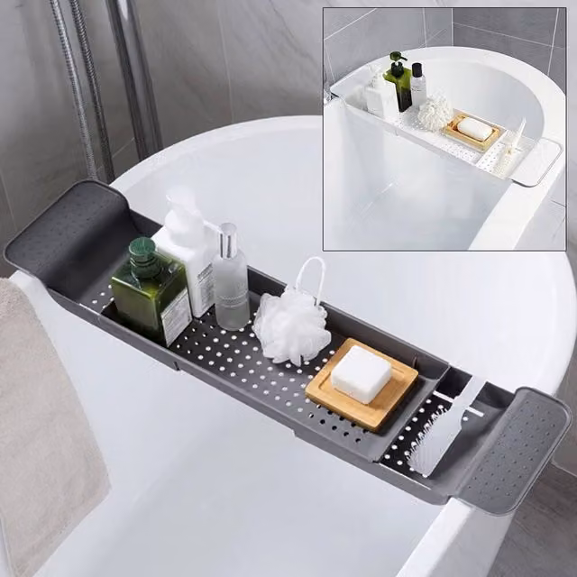 EONLION Grey Extendable and Adjustable Plastic Bath Rack with Drainage – 1