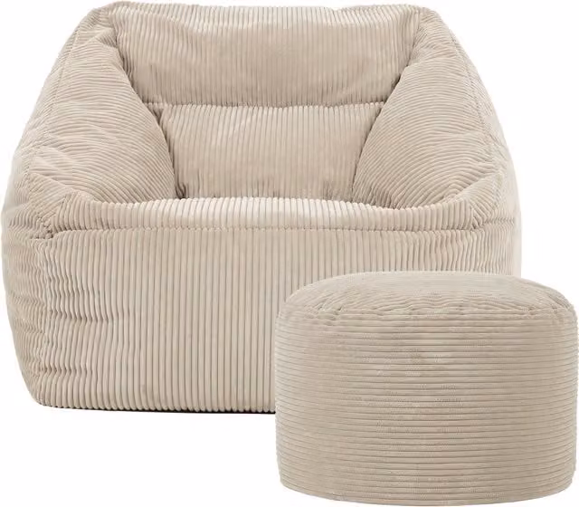 ICON Corduroy Bean Bag Armchair and Round Footstool in Beige