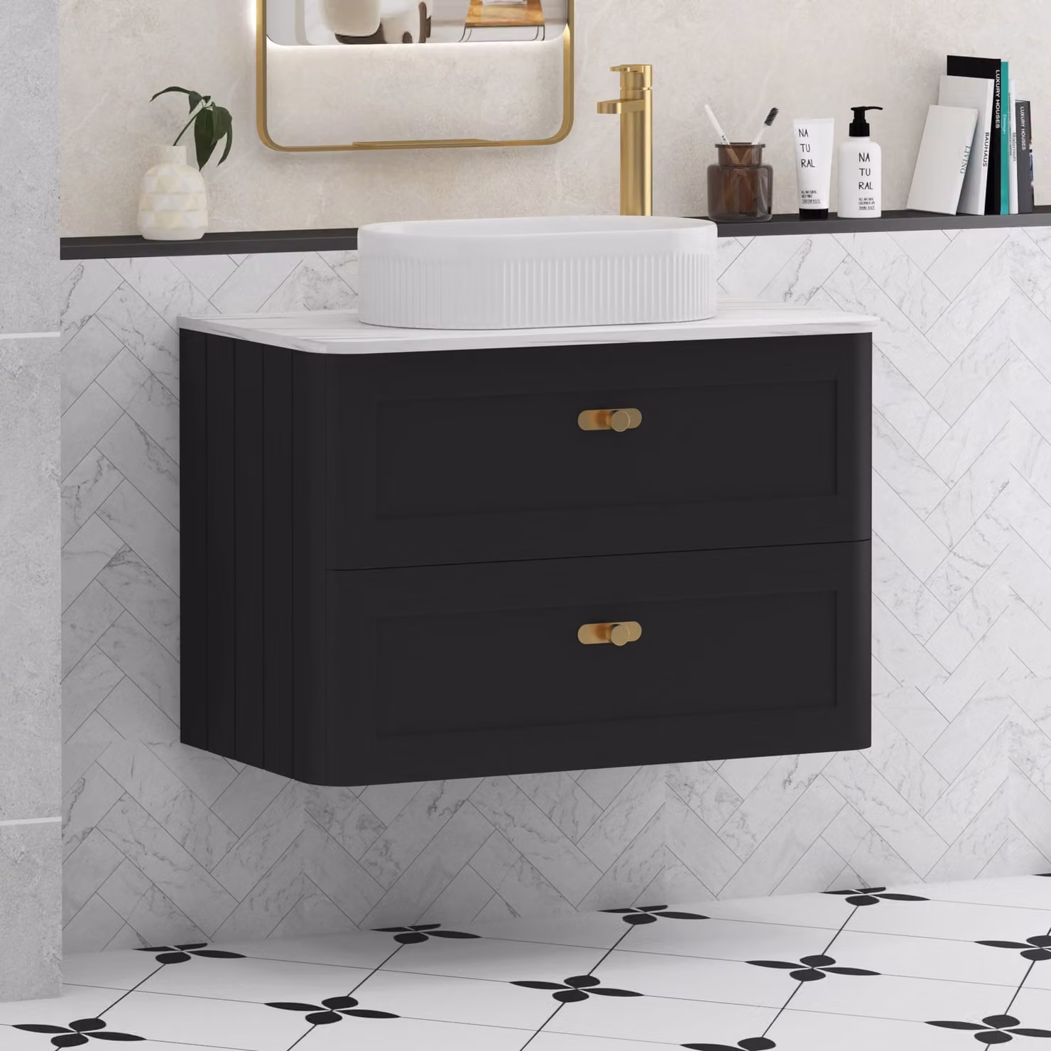 Royal Bathrooms Henley 800mm Matt Nocturne Black Wall Hung 2 Drawer Vanity Unit with Lyon Basin and Brushed Brass Knob