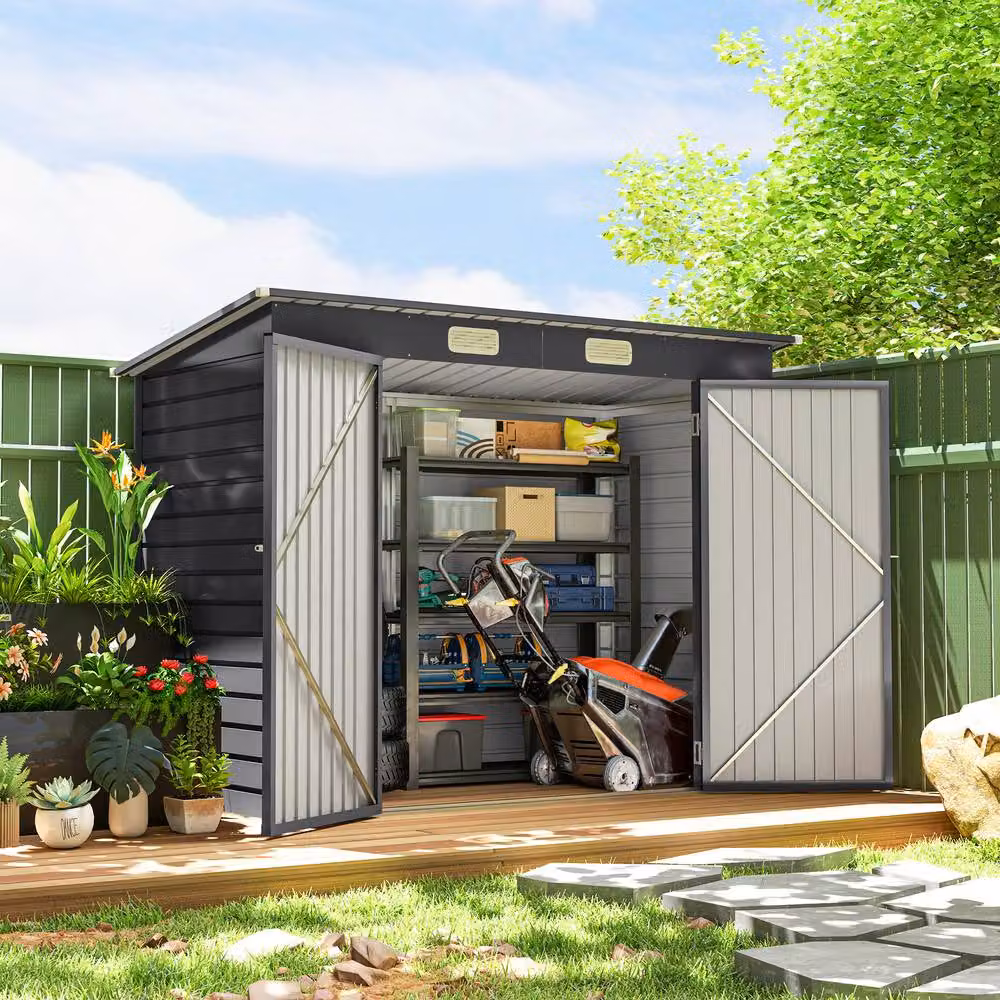 Rolipo Grey Galvanised Steel Pent Garden Shed with Lockable Double Doors, W: 112.776 cm, D: 237.7 cm, H: 215 cm – 4
