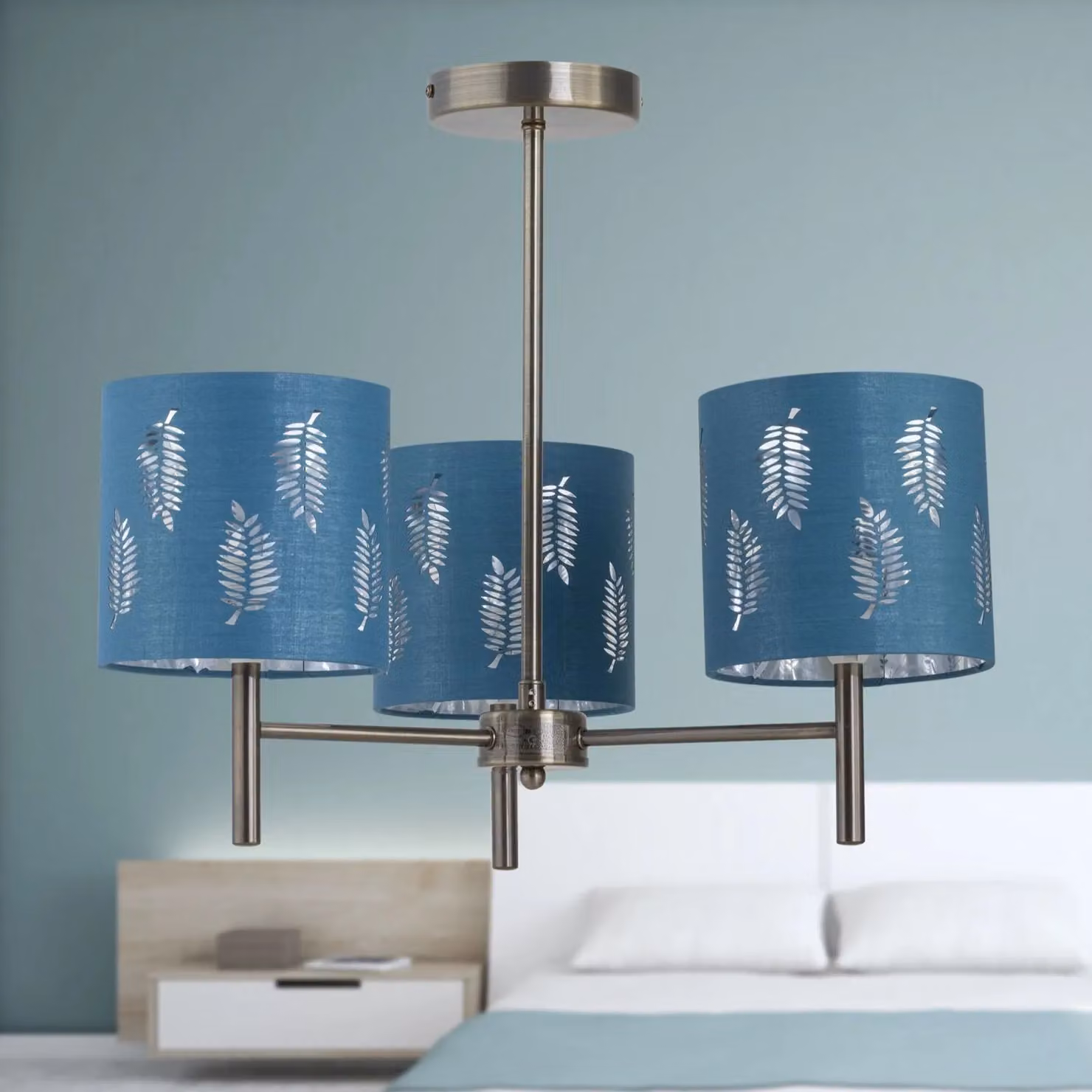 First Choice Lighting Brea Set of 2 Antique Brass Ceiling Light Fittings with Teal Fabric Shades – 3