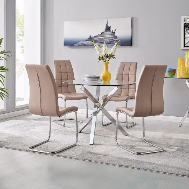 FurnitureboxUK Selina Chrome Round Glass Dining Table and Four Murano Chairs Set in Cappuccino