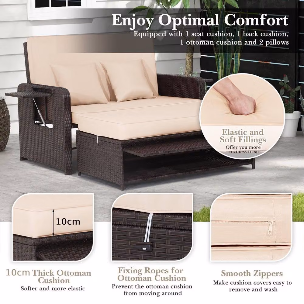 Costway Brown Polyrattan Patio Daybed Set with Loveseat Sofa, Ottoman and Side Tray – 9
