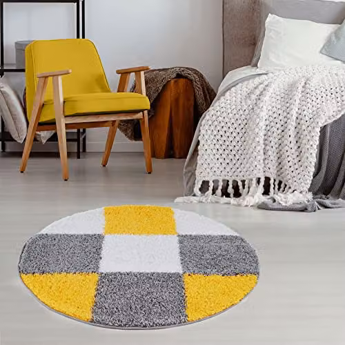 THE RUGS Modern Checked Shaggy Round Area Rug, Yellow and Grey, Diameter: 120 cm – 3