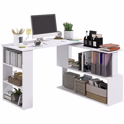 HOMCOM L Shaped Corner Computer Desk with Rotating Top and Bookshelf, White