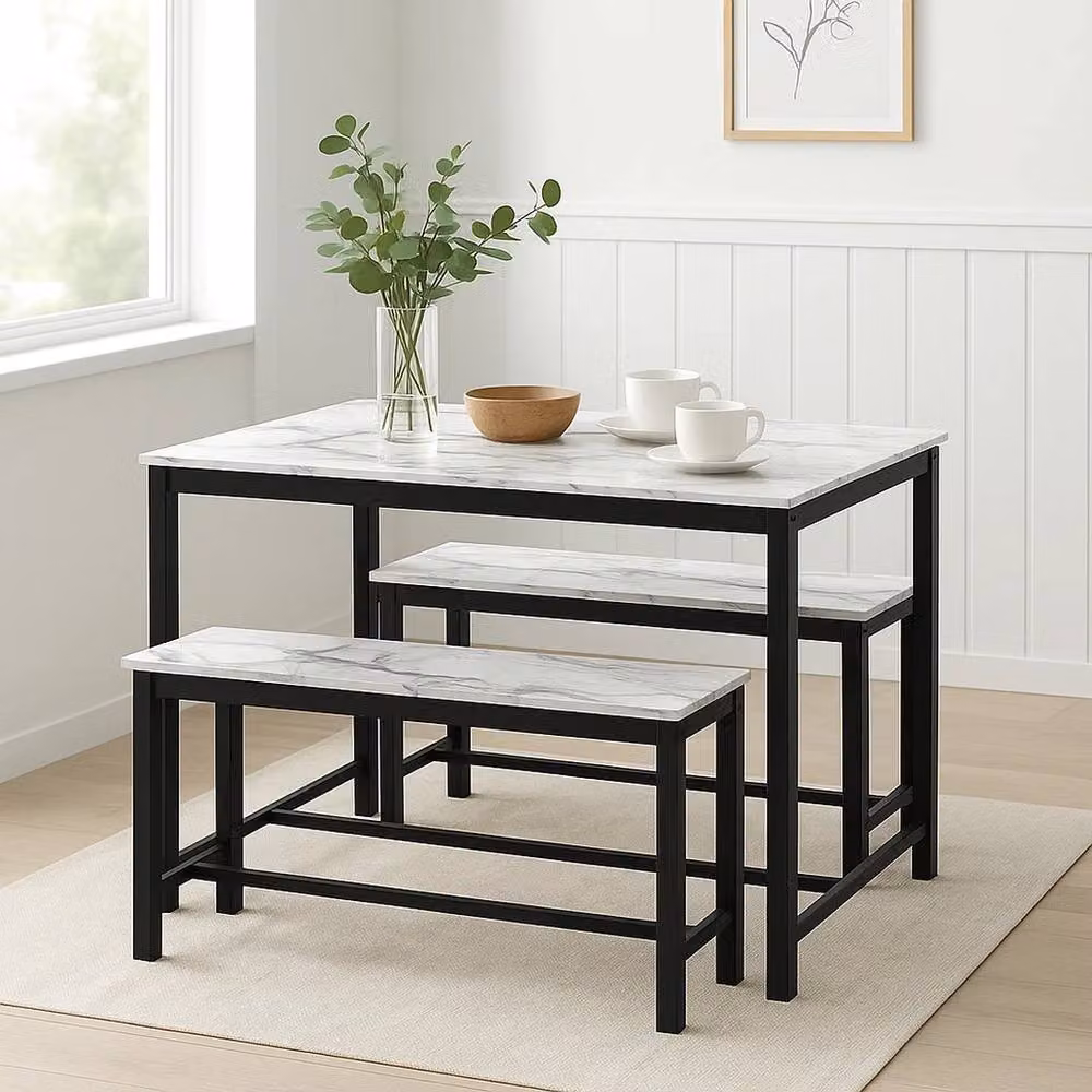 PAWNORA 3 Piece Modern White Marble Kitchen Dining Set with Table and Benches – 2