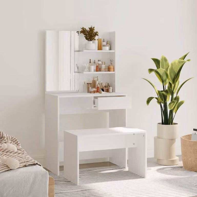 Berkfield Home Modern Dressing Table Set in White, W/D/H: 74.5 x 40 x 141 cm