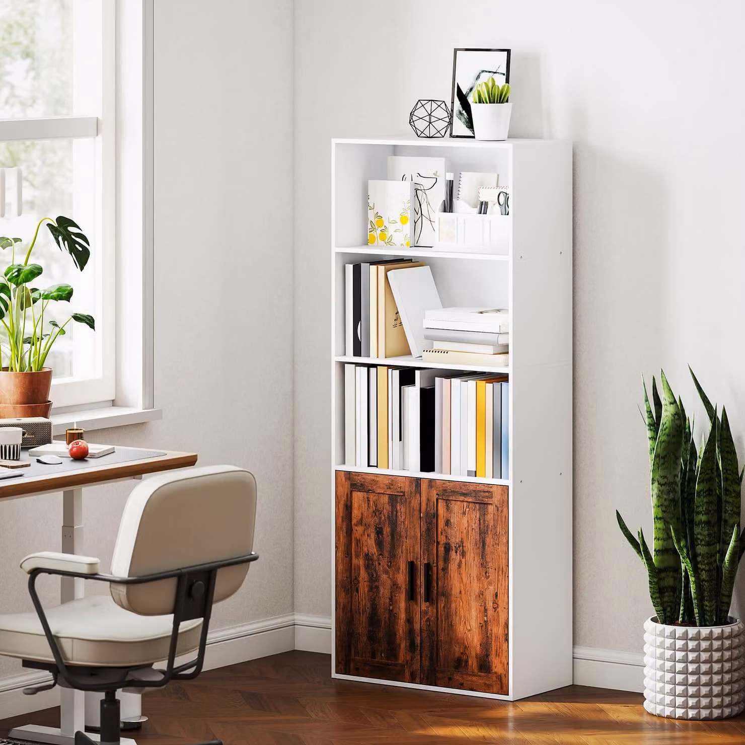 HOMCOM 5-Tier Bookcase with Adjustable Shelves in Rustic Brown and Black – 1