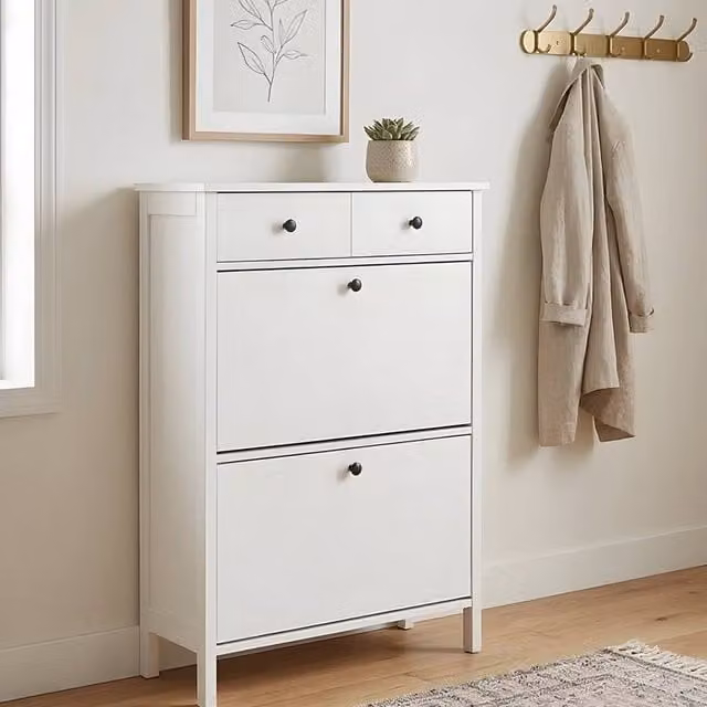 Nöa and Nani Kira White Slim Shoe Cabinet with Tilting Compartments and Internal Drawers