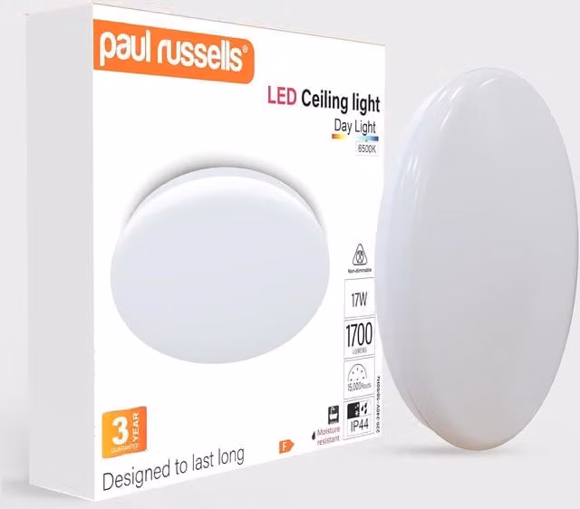 Paul Russells 17W LED Round Ceiling Downlight, 1700 Lumens, 6500K Daylight, White, IP44