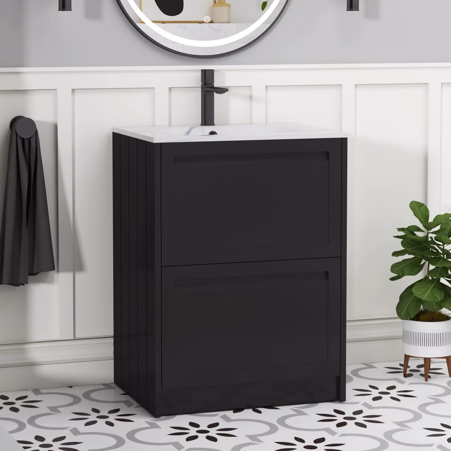 Royal Bathrooms Elmore Traditional Floor Standing 2 Drawer Vanity Unit with Carrara White Basin, Matt Nocturne Black