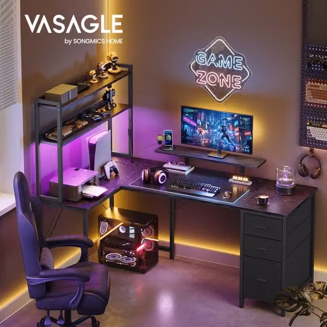 VASAGLE L-Shaped Corner Computer Desk with LED Lights and Power Outlets in Black