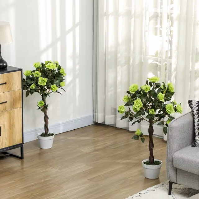 Outsunny Set of 2 Green Artificial Rose Trees with Concrete Bases
