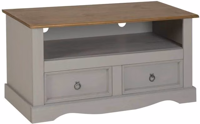 NESTLUNE Grey Waxed Solid Pine TV Stand with 2 Drawers W/D/H: 100 x 100 x 54 cm