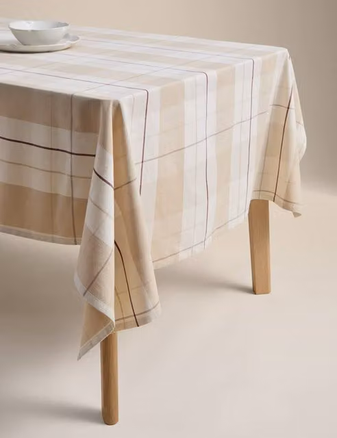 M&S Classic Checked Cotton Rich Rectangular Tablecloth in Beige and Multicolour