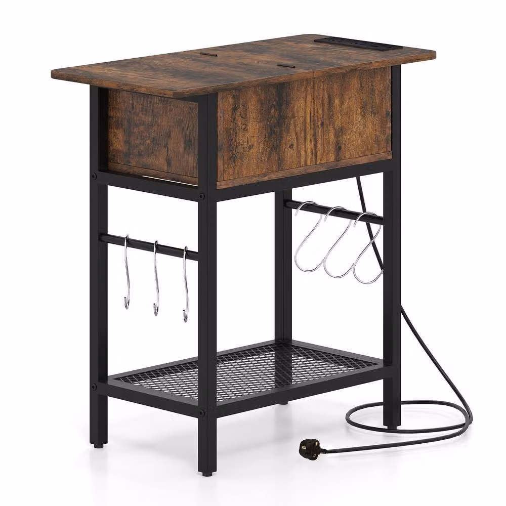 Gymax Industrial Slim End Table Nightstand with Charging Station and Shelf Hooks in Brown – 8