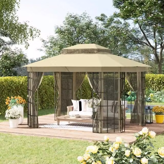 Chilli Seating Beige Patio Gazebo Canopy Garden Tent Shelter W: 3.7 m, D: 3 m