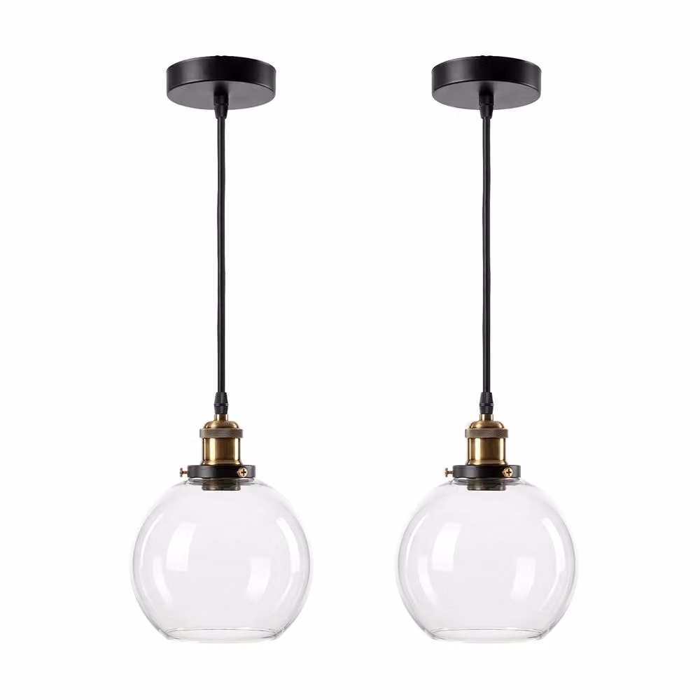 Emitto Set of 2 Industrial Glass Sphere Pendant Lights in Black with Transparent Shades and Adjustable Cables – 2