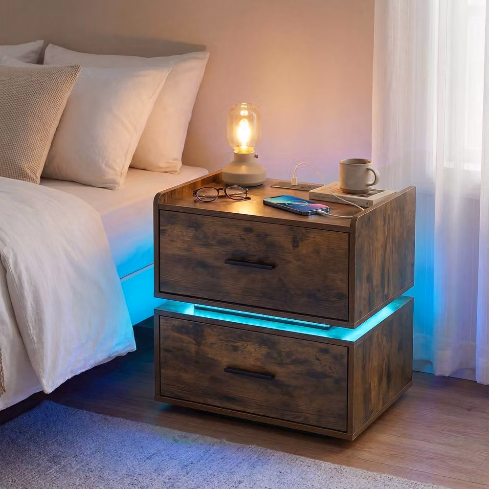 Gymax Brown Semi-floating Bedside Table with Charging Station and LED Lights – 3