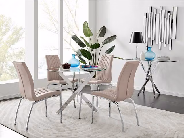 FurnitureboxUK Novara Round Glass Dining Table and 4 Isco Chrome Chairs in Cappuccino