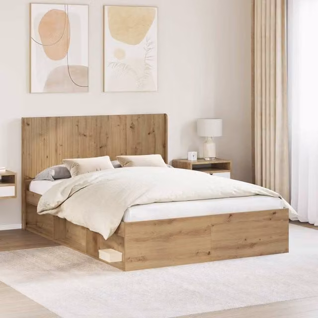 Berkfield Home Artisan Oak Bed Frame with Storage and Headboard in Brown, W: 135 cm, L: 190 cm