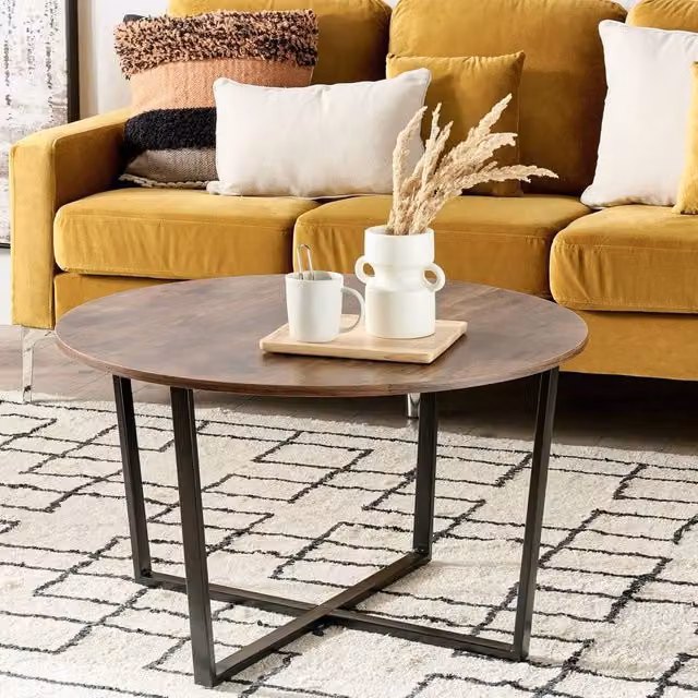 Wyld and Coco Round Coffee Table, Brown MDF Top with Black Metal Legs, Diameter: 80 cm, Height: 47 cm