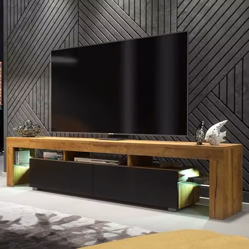 Creative Furniture Modern TV Unit in Dark Oak with Black Matt Doors, W: 200 cm, H: 45 cm, D: 45 cm