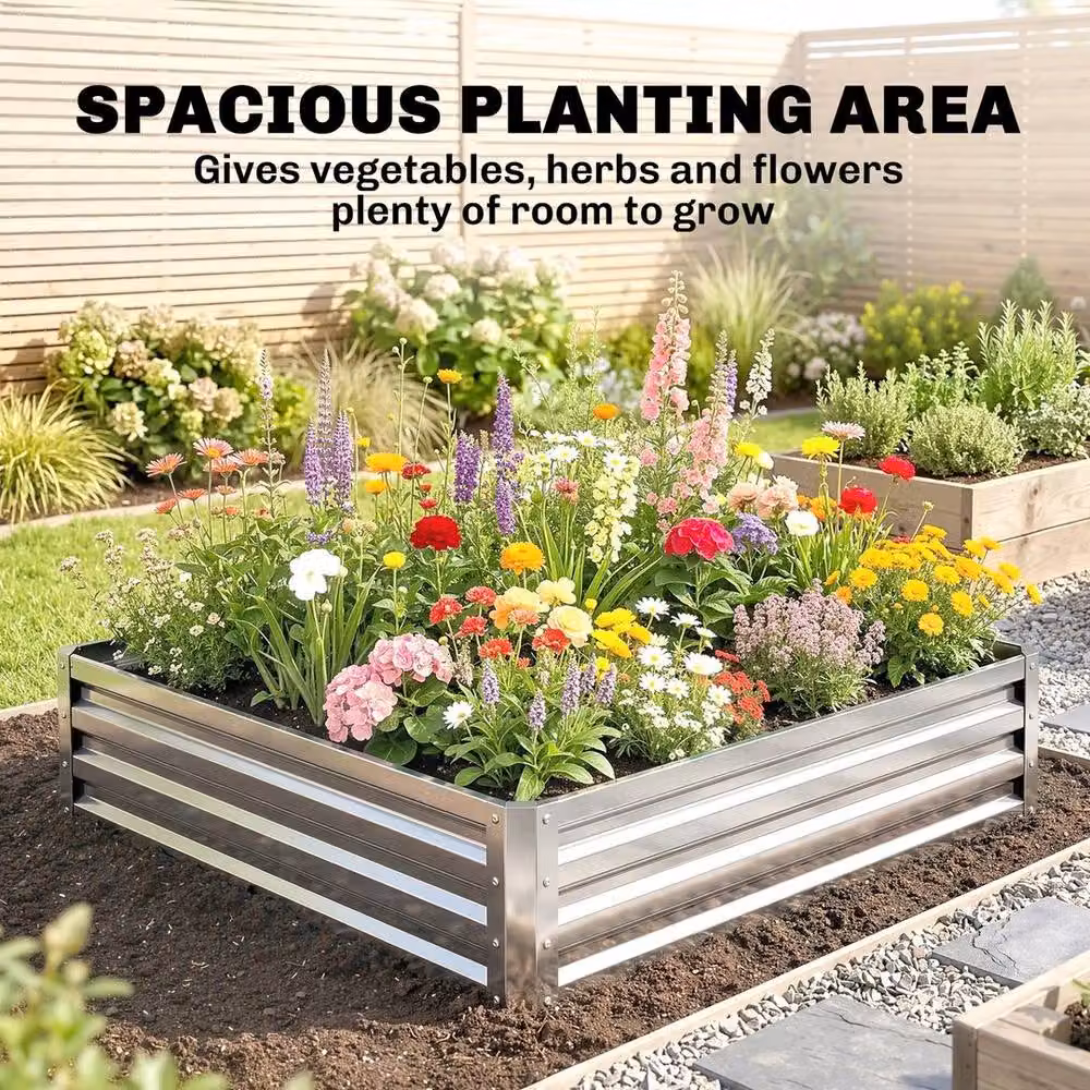 NESTLUNE Silver Metal Raised Garden Bed Planter for Patio and Backyard – 4