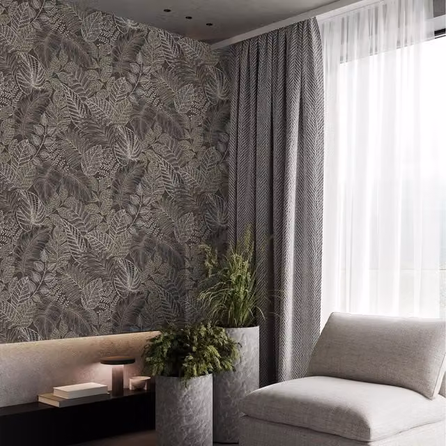 Superfresco Easy Scattered Leaves Floral Botanical Wallpaper in Charcoal Grey