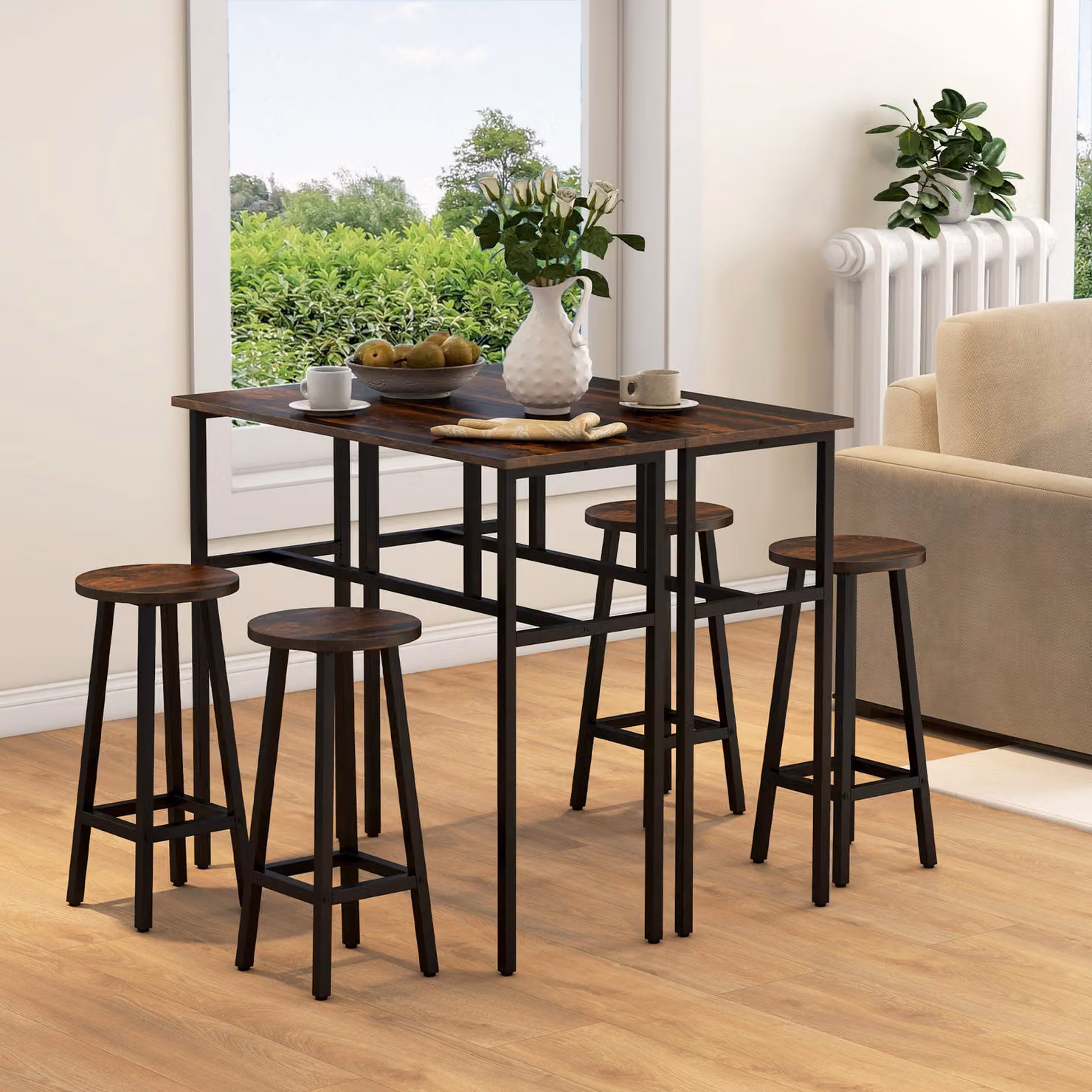 HOMCOM Set of 2 Rustic Brown Breakfast Tables and 4 Stools for Kitchen or Living Room – 2
