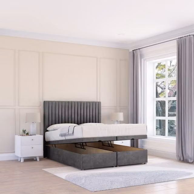 Sloomy Manhattan King Size Ottoman Bed in Dark Grey with Plush Fabric Upholstered Headboard and Hybrid Memory Mattress W/D/H: 180 x 200 cm