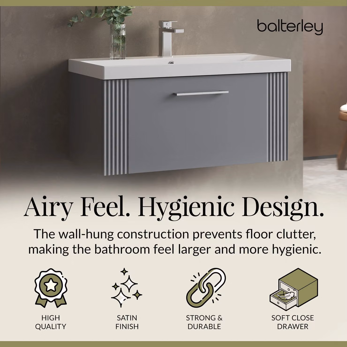 Balterley Wall Hung 1 Drawer Vanity Unit with Thin-Edge Basin, Satin Grey, Width: 80 cm – 2