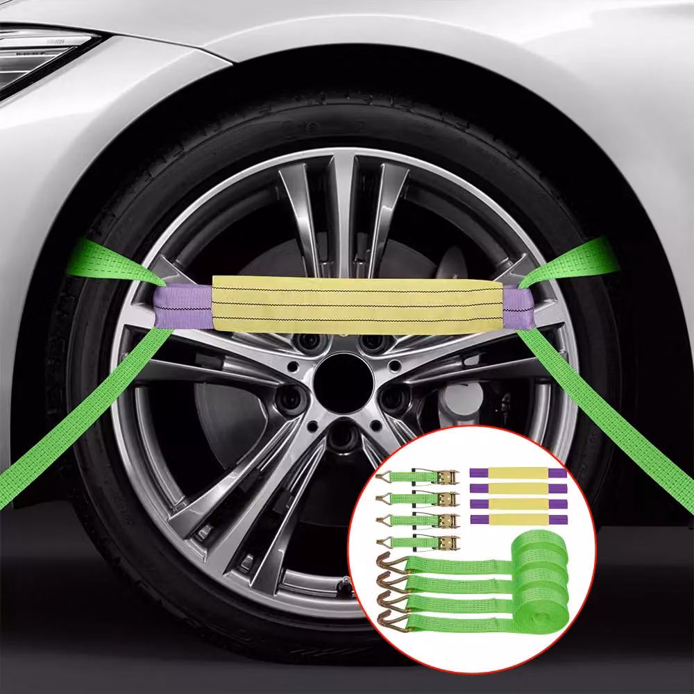 VOGREX 4-Pack Green Ratchet Wheel Straps for Cars, Vans and Trailers – 3