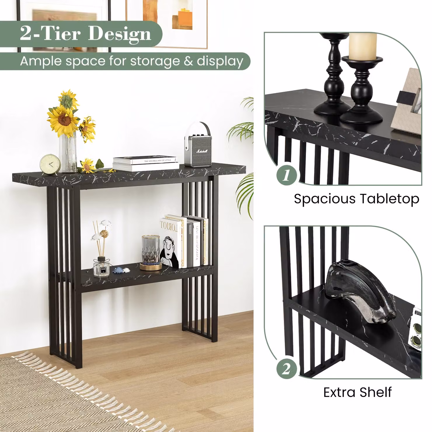 Gymax 2-Tier Modern Console Table with Faux Marble Top and Open Shelf in Black – 3