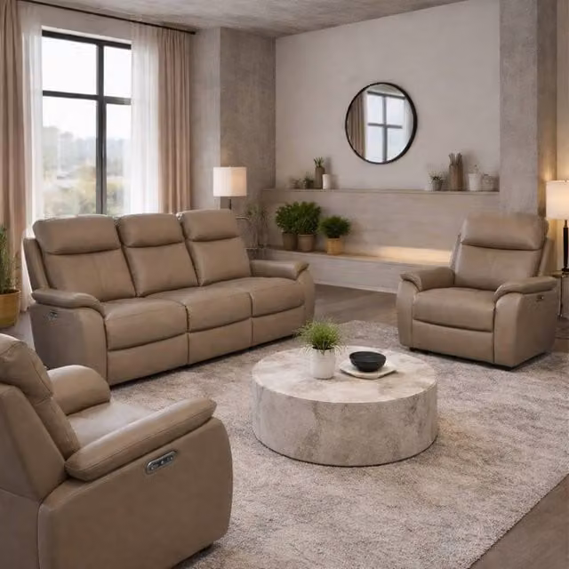 Aspire Kingsmere 5-Piece Power Recliner Sofa Set in Taupe Beige with USB Charging and Synthetic Leather Upholstery – 1