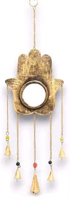 KDMD Indian Chimes Hamsa Large Gold Mirror with 5 Metal Bells