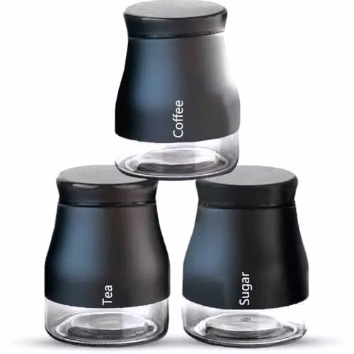 ATEK Set of 3 Glass Kitchen Storage Canisters with Screw Lids in Black and White