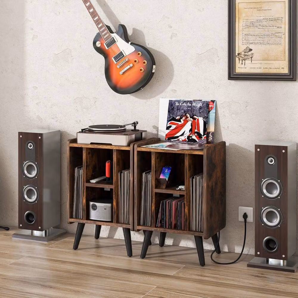 Costway Record Player Stand and Vinyl Record Storage Side Table with Power Outlet in Brown – 4